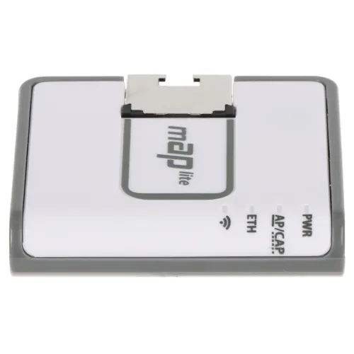 Małe, białe urządzenie sieciowe z szarymi krawędziami, oznaczone jako "map lite". Na przednim panelu znajdują się trzy diody LED oznaczone jako PWR, ETH i AP/CAP.