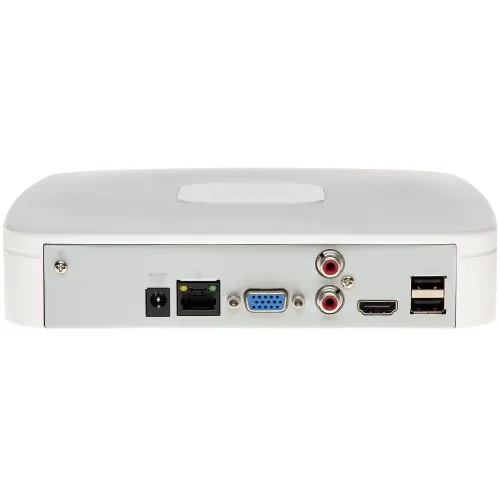 Zdjęcie przedstawia tylny panel urządzenia elektronicznego z różnymi portami, w tym złączami USB, HDMI, VGA, audio oraz portem sieciowym. Obudowa jest w kolorze białym z metalicznym panelem na tylnej części.