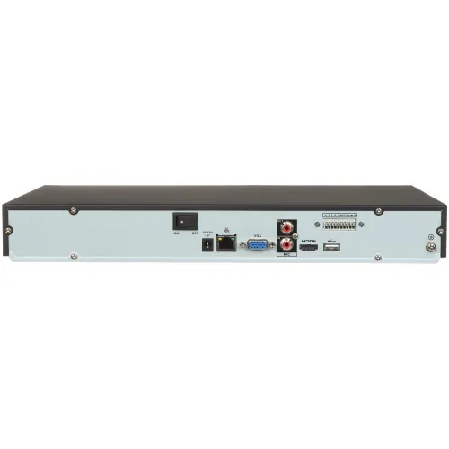 Zdjęcie przedstawia tylny panel urządzenia elektronicznego z różnymi portami, w tym HDMI, VGA, USB i złączami audio. Panel jest prostokątny, z czarną górną częścią i srebrnym frontem, zawierającym również przełącznik zasilania.