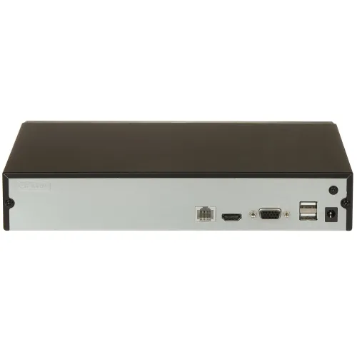 Zdjęcie przedstawia tylny panel urządzenia elektronicznego z różnymi portami, w tym HDMI, VGA, Ethernet oraz USB. Obudowa jest w kolorze srebrnym z czarnym wykończeniem na górze.