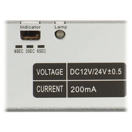 Zbliżenie na panel konfiguracyjny urządzenia z przełącznikami czasowymi oznaczonymi jako 0, 3 i 6 sekund oraz wskaźnikami napięcia i prądu. Panel pokazuje napięcie DC12/24V z tolerancją ±0.5 i prąd 200mA.