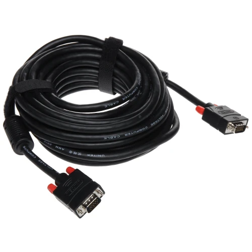 Zdjęcie przedstawia czarny przewód VGA o długości 10 metrów marki Unitek, z dwoma złączami VGA na końcach. Kabel jest zwinięty i zabezpieczony rzepem.