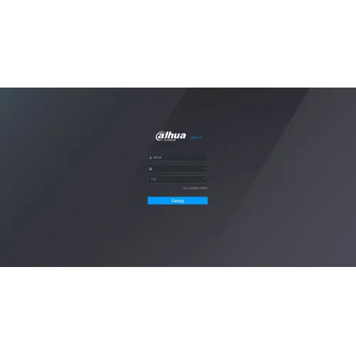 Interfejs logowania do systemu Dahua z polami na nazwę użytkownika i hasło oraz przyciskiem "Zaloguj". Tło jest ciemnoszare z subtelnymi gradientami.