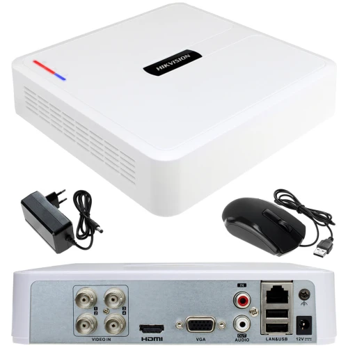 Biały rejestrator do telewizji przemysłowej z logo na górze, wyposażony w różne porty, w tym HDMI, VGA, audio, LAN/USB oraz zasilanie 12V. W zestawie znajduje się zasilacz oraz myszka USB.