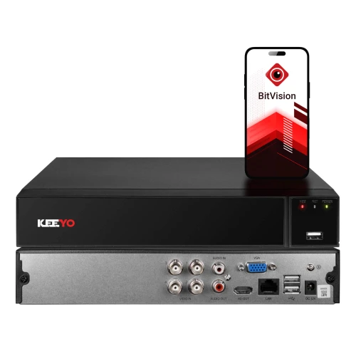 Na zdjęciu znajduje się czarny rejestrator hybrydowy marki KEEYO z różnymi portami z tyłu, obok którego stoi smartfon z logo BitVision na ekranie. Urządzenie ma prostą, nowoczesną konstrukcję z wyraźnie widocznymi złączami i przyciskami.