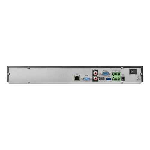Tył rejestratora IP z różnymi portami, w tym HDMI, VGA, USB i Ethernet. Obudowa jest srebrna z czarnymi elementami na krawędziach.