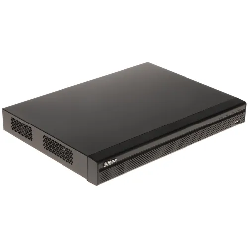 Czarny rejestrator IP Dahua NVR4232-4KS3 z widocznymi otworami wentylacyjnymi po bokach. Urządzenie ma prostokątny kształt i minimalistyczny design.