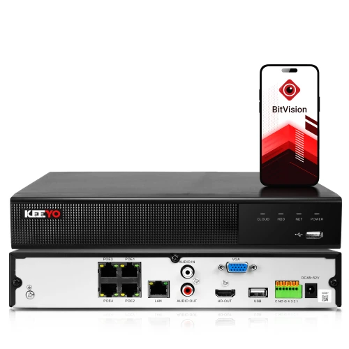 Na zdjęciu znajduje się czarny rejestrator sieciowy IP marki KeeYo z różnymi portami z tyłu, w tym USB, VGA i LAN. Obok rejestratora stoi smartfon z aplikacją BitVision na ekranie.