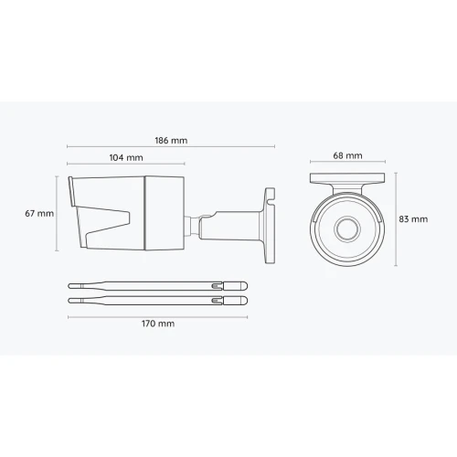 Schemat przedstawia kamerę monitoringu z wymiarami: długość 186 mm, szerokość 68 mm, wysokość 67 mm, oraz długość anten 170 mm. Widoczne są trzy perspektywy: z boku, z przodu i z góry.