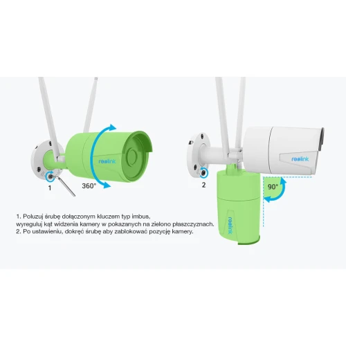 Na zdjęciu znajduje się biała kamera monitoringu marki Reolink z możliwością regulacji kąta widzenia, przedstawiona w dwóch pozycjach montażowych. Kamera posiada zielone elementy wskazujące miejsca regulacji oraz instrukcję ustawienia kąta widzenia.