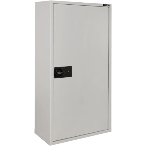 Szary sejf na broń długą z prostą, gładką powierzchnią i czarnym zamkiem na środku drzwi. Sejf ma prostokątny kształt i solidną konstrukcję.