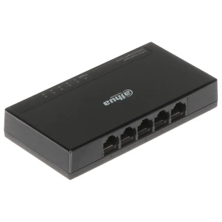 Na zdjęciu znajduje się czarny switch sieciowy Dahua PFS3005-5GT-L z pięcioma portami Ethernet. Urządzenie ma prostokątny kształt i widoczne logo Dahua na górnej powierzchni.