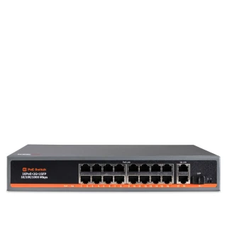 Na zdjęciu znajduje się czarny, 16-portowy switch sieciowy z oznaczeniami prędkości 10/100/1000 Mbps. Urządzenie posiada porty Ethernet oraz dwa porty SFP, a na przednim panelu widoczna jest pomarańczowa linia z opisem funkcji PoE.
