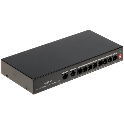 Na zdjęciu znajduje się 8-portowy switch PoE marki Dahua, model PFS3010-8ET-65, w czarnym kolorze. Urządzenie posiada osiem portów Ethernet oraz dwa dodatkowe porty uplink, umożliwiając zasilanie i łączenie urządzeń sieciowych.