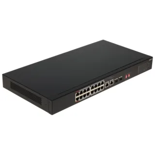 Czarny, prostokątny switch przemysłowy z 16 portami Ethernet i dodatkowymi portami SFP na przednim panelu. Urządzenie ma wentylację po bokach i oznaczenia na górnej powierzchni.