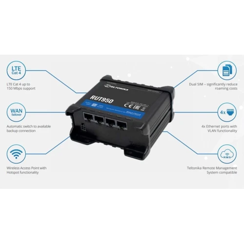 Teltonika RUT950 | 4G LTE Router | Global Version, Cat.4, WiFi, Dual Sim, 1x WAN, 3X LAN, RUT950 V022C0
