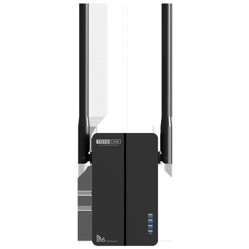 Czarny router Totolink z dwiema antenami i podświetlanymi wskaźnikami LED na przednim panelu. Urządzenie obsługuje technologię Wi-Fi 6, co jest oznaczone na obudowie.