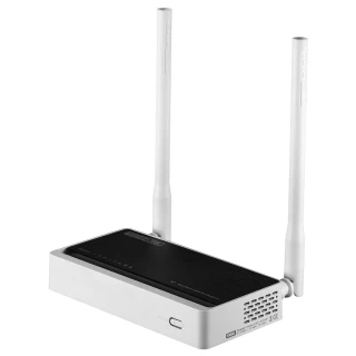 Na zdjęciu znajduje się biały router Totolink z dwoma pionowymi antenami i czarnym panelem górnym. Urządzenie ma prostokątny kształt i widoczne otwory wentylacyjne po bokach.