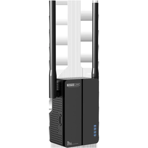 Na zdjęciu znajduje się czarny wzmacniacz sygnału Wi-Fi marki TotoLink z dwoma antenami. Urządzenie ma prostokątny kształt i widoczne są na nim diody LED oraz logo producenta.