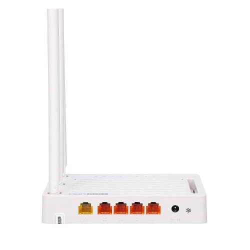 Na zdjęciu znajduje się biały router z dwoma pionowymi antenami, widoczny z boku. Z tyłu urządzenia znajdują się cztery kolorowe porty Ethernet oraz gniazdo zasilania.