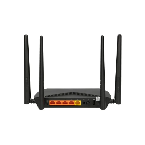 Czarny router z czterema antenami, widoczny od tyłu. Posiada cztery porty LAN w kolorze pomarańczowym i jeden port WAN w kolorze żółtym.