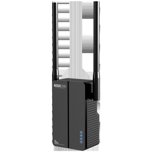 Na zdjęciu znajduje się czarny router Totolink z dwoma pionowymi antenami i niebieskimi diodami LED na przednim panelu. Urządzenie ma nowoczesny design z perforowanymi bokami dla lepszej wentylacji.