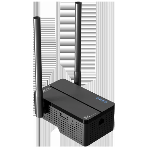 Na zdjęciu znajduje się czarny router Totolink z dwiema pionowymi antenami i niebieskimi diodami LED na górnej powierzchni. Urządzenie ma perforowane boki i logo producenta widoczne na obudowie.