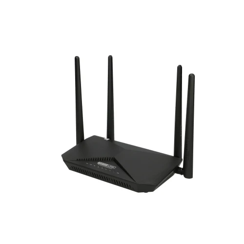 Czarny router Totolink z czterema antenami, ustawiony na białym tle. Na przednim panelu widoczne są diody LED oraz logo producenta.