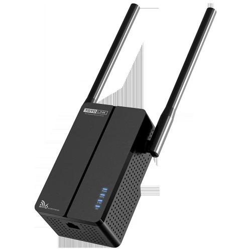 Czarny router Totolink z dwoma antenami, posiadający kilka niebieskich diod na przednim panelu. Urządzenie ma nowoczesny design z logo producenta na górze.