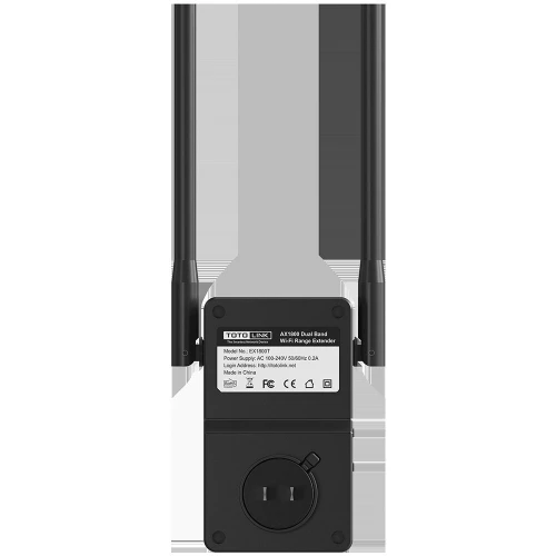 Na zdjęciu znajduje się czarny wzmacniacz sygnału Wi-Fi Totolink z dwoma antenami skierowanymi do góry. Urządzenie posiada etykietę z informacjami technicznymi oraz wtyczkę elektryczną na dole.