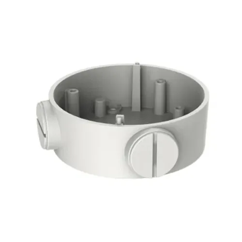 Okrągły, biały uchwyt kamery z dwoma bocznymi śrubami montażowymi. Wewnątrz znajdują się kilka wypustek i otworów do mocowania.