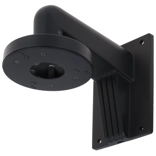 Czarny uchwyt kamery Hikvision DS-1273ZJ-130-TRL z solidną, metalową konstrukcją i okrągłą podstawą montażową. Uchwyt jest przeznaczony do montażu na ścianie i ma nowoczesny, minimalistyczny design.