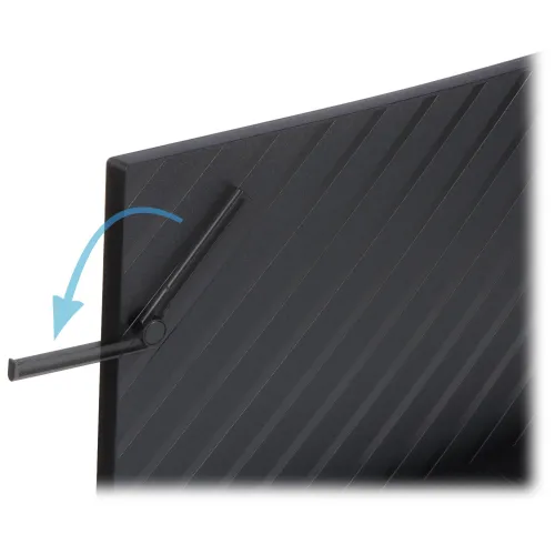 Zdjęcie przedstawia czarny uchwyt na słuchawki zamontowany na powierzchni z pionowymi rowkami. Uchwyt jest pokazany w pozycji złożonej i rozłożonej, z niebieską strzałką wskazującą kierunek ruchu.