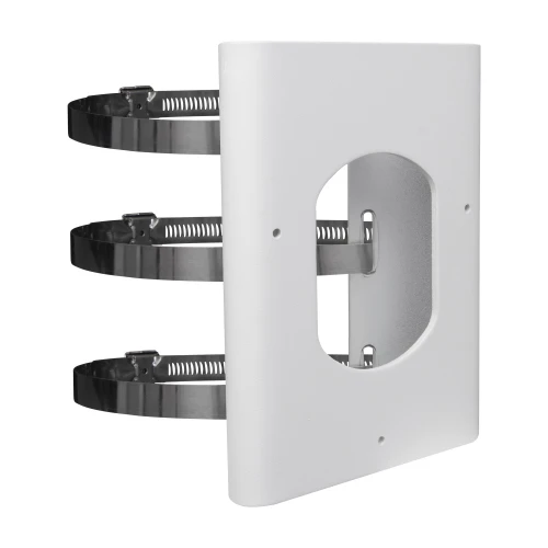 Uchwyt słupowy do kamer w kolorze białym z trzema metalowymi opaskami zaciskowymi. Konstrukcja umożliwia montaż na słupach, zapewniając stabilne mocowanie kamer.