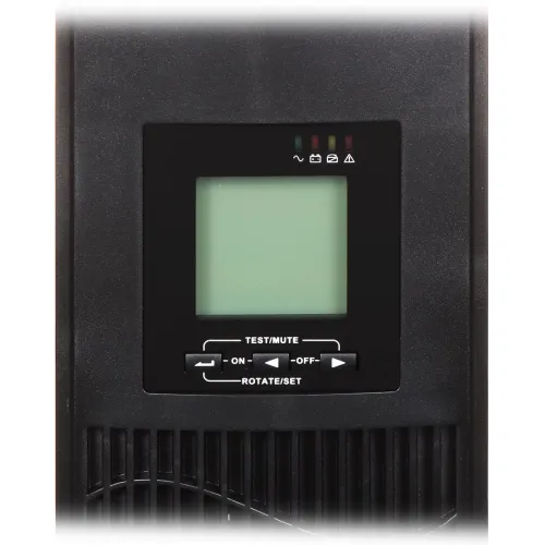 Zdjęcie przedstawia panel przedni urządzenia UPS z dużym, czytelnym wyświetlaczem LCD. Pod wyświetlaczem znajdują się przyciski do testowania, wyciszania oraz włączania i wyłączania urządzenia.