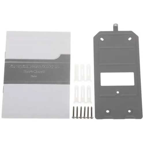 Na zdjęciu znajduje się instrukcja obsługi systemu dostępu na odcisk palca oraz zestaw montażowy złożony z plastikowej osłony, kołków i śrub. Elementy są ułożone na białym tle.