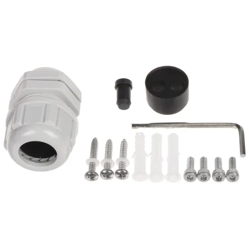 Zestaw montażowy zawiera biały dławik kablowy, czarną zaślepkę, klucz imbusowy, cztery wkręty z kołkami oraz dodatkowe śruby. Elementy są ułożone na białym tle, co ułatwia ich wyraźne rozróżnienie.
