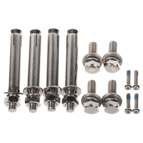 Zdjęcie przedstawia zestaw metalowych śrub i kołków rozporowych w różnych rozmiarach, ułożonych na białym tle. W skład zestawu wchodzą cztery duże kołki rozporowe, cztery średnie śruby z nakrętkami oraz cztery małe śruby z niebieskim gwintem.