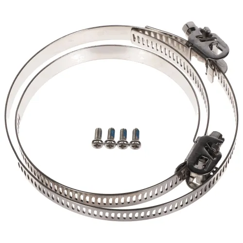 Na zdjęciu znajdują się dwa metalowe opaski zaciskowe oraz cztery śruby. Opaski mają perforowane paski i mechanizmy zaciskowe z boku.