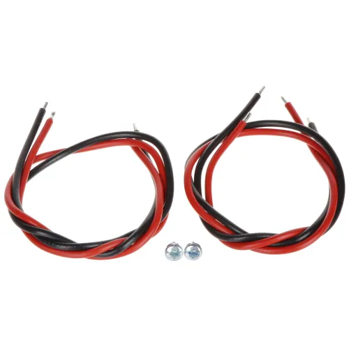 Na zdjęciu znajdują się dwa zestawy skręconych przewodów w kolorach czerwonym i czarnym oraz dwie srebrne śruby. Przewody są ułożone w pętle, a końcówki są odsłonięte.