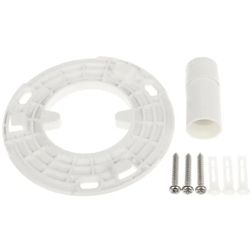 Zestaw montażowy składający się z białego, okrągłego uchwytu, plastikowej tulei oraz czterech śrub z kołkami. Elementy są ułożone na białym tle, co podkreśla ich detale i kształty.