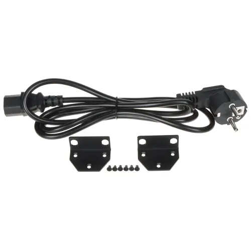 Na zdjęciu znajduje się czarny kabel zasilający z wtyczką oraz gniazdem, obok którego leżą dwie czarne metalowe uchwyty montażowe i sześć czarnych śrubek. Tło jest jednolite i jasne, co podkreśla szczegóły przedmiotów.