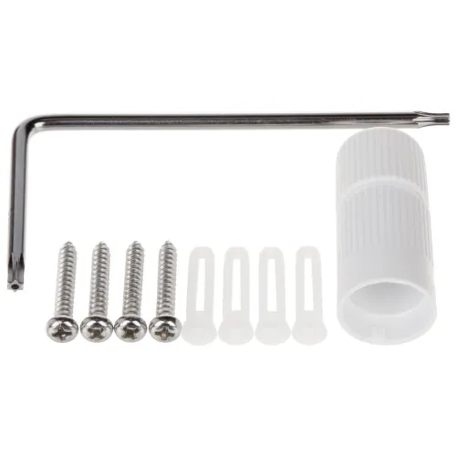 Na zdjęciu znajduje się zestaw montażowy składający się z klucza imbusowego, czterech metalowych wkrętów, czterech plastikowych kołków oraz białej, cylindrycznej nasadki. Elementy są ułożone na białym tle.