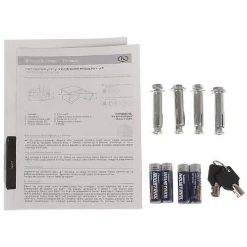 Zestaw zawiera instrukcję obsługi, cztery metalowe kołki montażowe, cztery baterie oraz dwa klucze z brelokiem. Produkty są przeznaczone do montażu i obsługi zamka biometrycznego Opticum Eclipse.