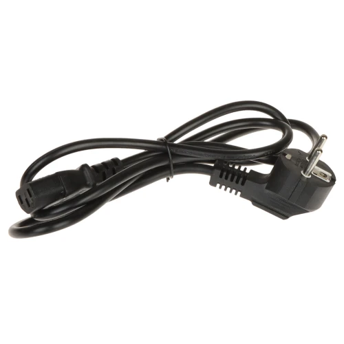 Czarny kabel zasilający z wtyczką europejską i gniazdem IEC C13. Kabel jest zwinięty i zabezpieczony plastikową opaską.