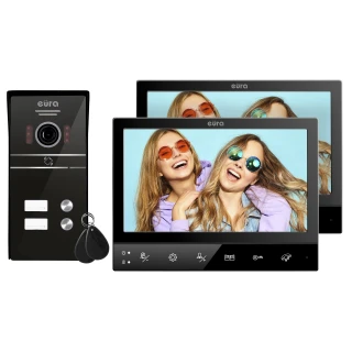 Videodörrtelefon EURA VDP-80C5 - för två familjer, svart, 2x LCD 7'', FHD, stöd för 2 ingångar, 1080p kamera., RFID-läsare, yttre montering