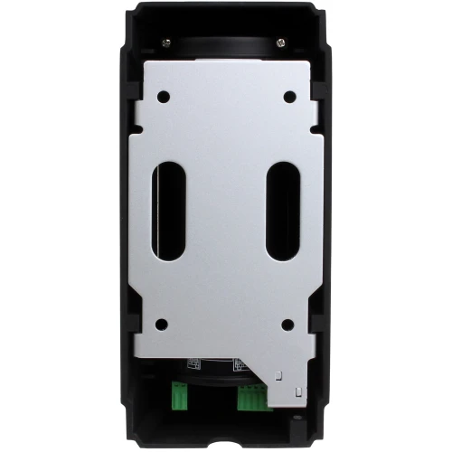 Wideodomofon IP Hikvision DS-KB8112-IM z kamerą i przyciskiem dzwonka w eleganckiej, metalowej obudowie. Urządzenie przeznaczone do montażu na zewnątrz, zapewniające bezpieczeństwo i wygodę użytkowania.