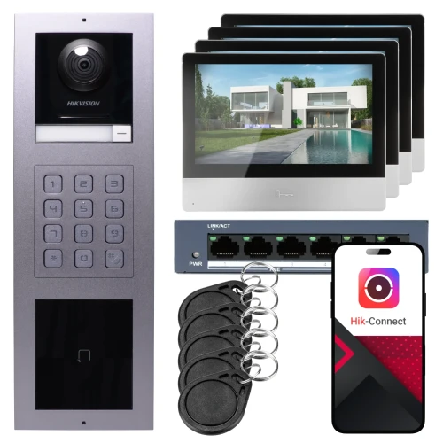 IP-videointercom Hikvision 4x monitor DS-KH8350-WTE1, infälld, panel, tangentbord, läsare