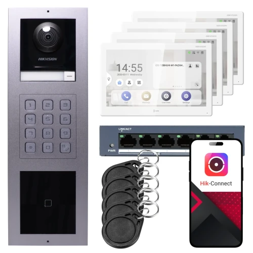 IP-videointercom Hikvision 4x monitor DS-KH9510-WTE1(B), utanpåliggande, panel, tangentbord, läsare