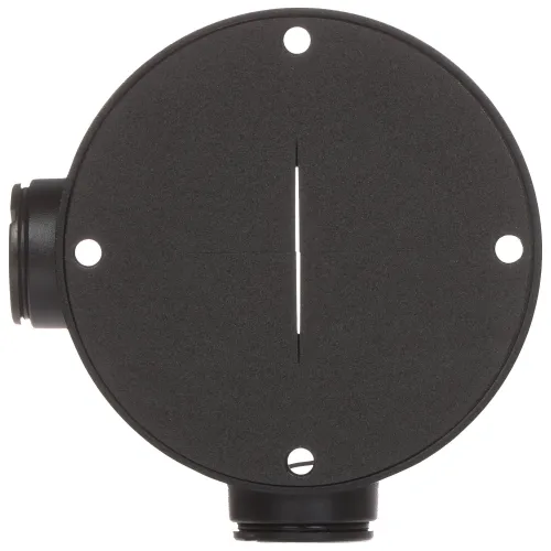 Czarna, okrągła puszka montażowa z pięcioma otworami, widoczna od strony mocowania do ściany. Posiada dwa boczne wejścia na przewody.